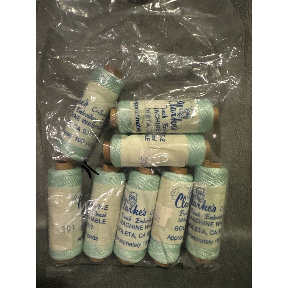 Vintage 80s 8 pc Punch Embroidery Thread Clarke's Blue Green Bag 11